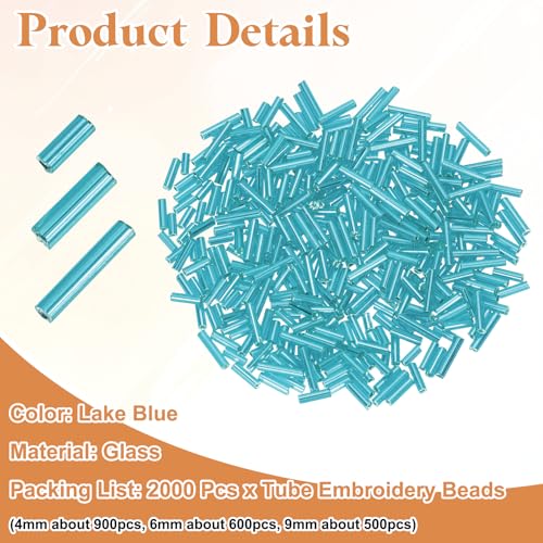 MECCANIXITY 2000pcs Glass Bugle Beads 4/6/9mm Long Tube Cylinder Beads - color: Lake Blue