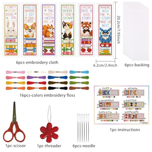 ORIGACH 6 Set Animals & Books Cross Stitch Bookmark Kit for Beginner - style: Animals and Books