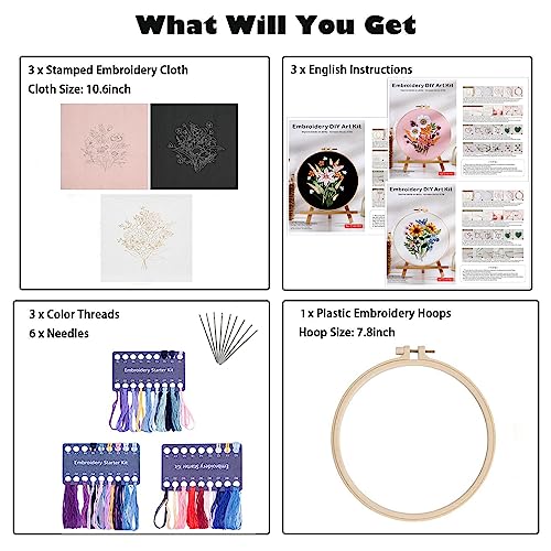 GLTAYLMY Embroidery Kit for Beginners Adults,3 Pack Cross Stitch Kits with 1 Plastic Embroidery Hoops,Needles and Color Threads,Needlepoint Kit for Hand Embroidery Starter - color: New Flower