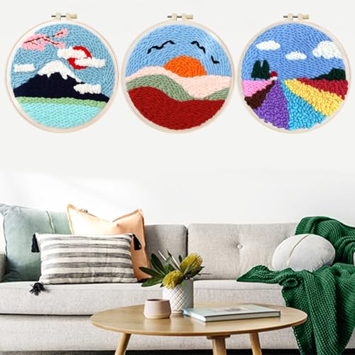 Woohome Punch Needle Kit Included Plastic Hoops, Punch Needle Cloth, Color Yarn and Punch Needle Tools for Adults, Beginners (Sunset and Flower Fields) - color: Color 26