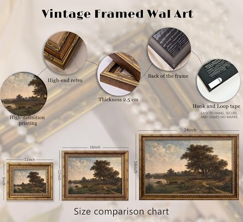 Vintage Gold Framed Landscape Wll ArtRetro Rustic Countryside Wall Decor Classic Rural River Scene Painting Picture Ldyllic Pastoral Scenic Nature Canvas Artwork for Living Room Bedroom Home Decor - color: Riverside scenery, size: 11"L x 9"W
