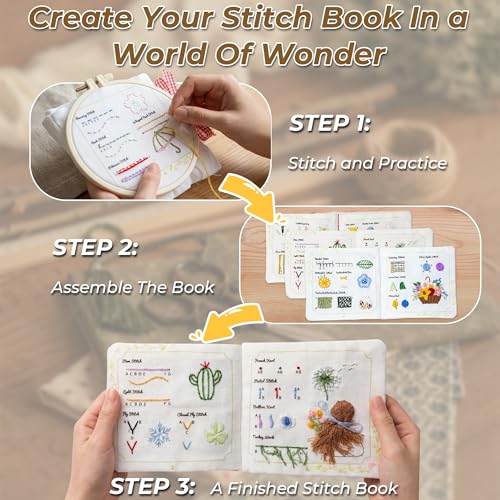 Zisekdy Embroidery Stitch Book Kit for Adults Beginners, 32 Stitches, Hand Embroidery Guide with Floral Patterns, Includes Hoop, Threads and Tools, DIY Sewing Craft Starter Set, Gift for Craft Lovers