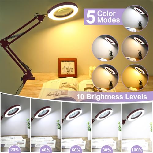 12X Magnifying Glass with Light and Clamp, Real Glass Lens Lighted Magnifier with Stand, 5 Color Modes LED Dimmable Magnifying Desk Lamp Hands Free for Crafts Painting Sewing Close Work - Red - color: Red, size: 12X 17.8inch Clamp