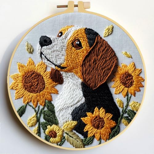 Punch Needle Kits Beagle Dog in Sunflowers 20x20cm-1