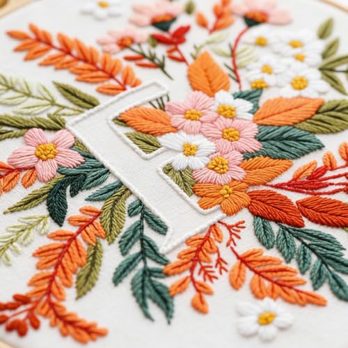 Zerzsy 7.87 '' Embroidery Kits Plant Flower Leaf English Letter Patterns for Beginners Adults, Easy to Learn Cross Stitch Kit for Home Office Decor - color: Letter F