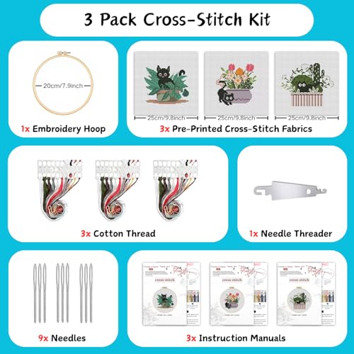 TCDZMYGS 3 Pack Stamped Cross Stitch Kits for Beginners-Plant Cat,with Hoop - color: Cat-1