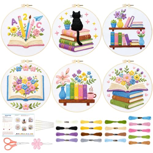 BEUNITONE 6 Set Embroidery Kit for Beginner Adults, Books & Flowers Cross Stitch Set with Stamped Pattern Hoops Threads Cloth Needles, Embroidery Starter Kit for Gifting and Home Decoration - style: Colorful Book