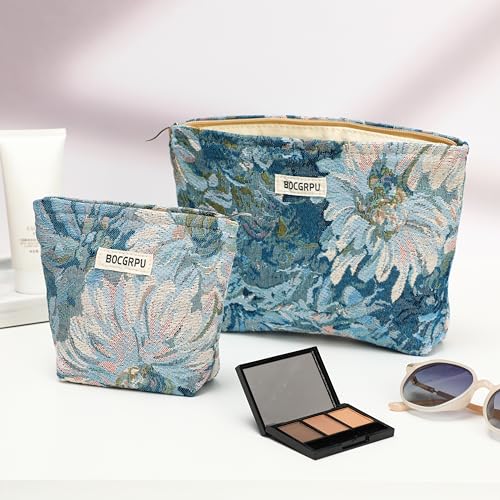 2 Pcs Aesthetic Oil Painting Blue Floral Cosmetic Bag Travel Makeup Pouch - color: Flower Blue