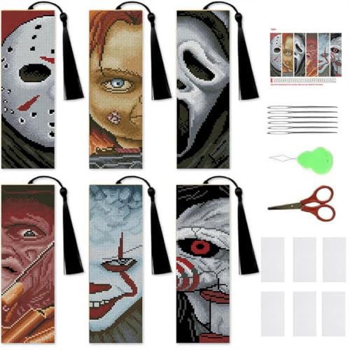 NEGEKFKX 6 Pcs Horror Cross Stitch Bookmark Kit for Adult Beginners - color: Cross stitch bookmark-1