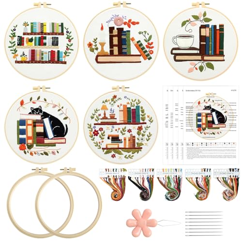 Kuabiz 5 Sets Embroidery Kits for Beginners Cross Stitch Kit for Adults Highland Book Pattern Embroidery Starter Kit Embroiderys Hoop Needlepoint Kits with Instruction Needles Threads - style: Book