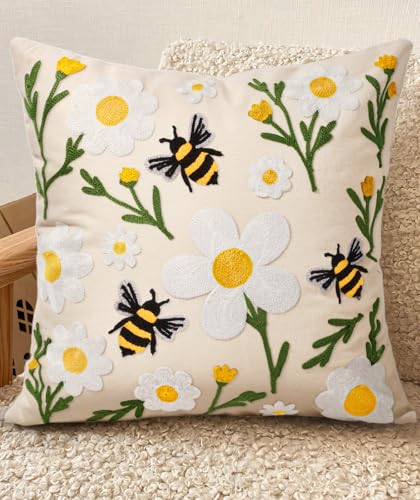 Embroidered Throw Pillow Cover 20x20 Inch, Flower Bee - color: Flower Bee, size: 20" x 20" (Pack of 1)