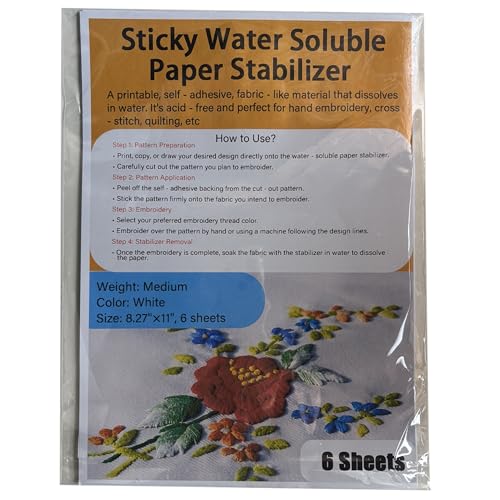 6 Sheets Water Soluble Embroidery Stabilizer Paper, 8.27 x 11 inches, Medium Weight Wash Away Stabilizer Allowed for Print or Draw Patterns
