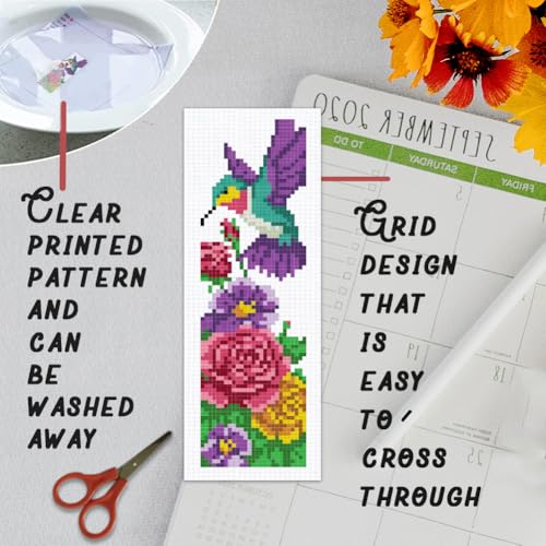 BEUNITONE 6 Pcs Cross Stitch Bookmark Kit for Beginner Vintage Flower Hand Embroidery Kit with Instruction Hummingbird Stamped Embroidery Bookmarks Handmade for DIY Crafts Book Lovers 8.5''x3'' - style: Hummingbird