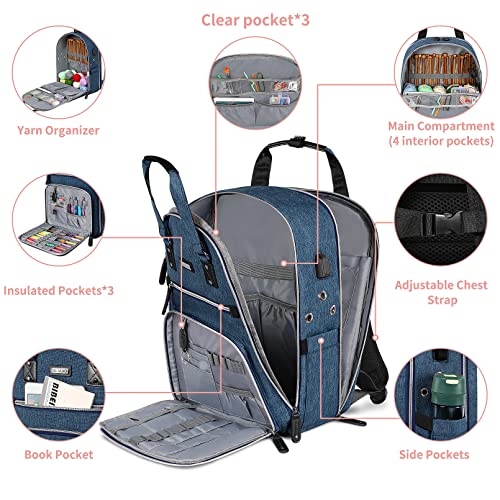 SINVICKO Crochet Bag, Knitting Bag Backpack and Totes Organizer with USB Charging Port, Large Yarn Storage Tote Bag - color: Blue