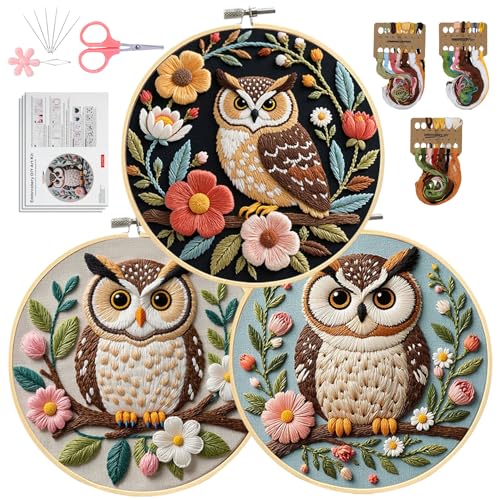 Santune Embroidery Kit for Beginners Needlepoint Cross Stitch Kits Adult Needle Point Sets with Owl Embroidery Patterns, Includes Step-By-Step Instructions and Accessories - color: Owl Series
