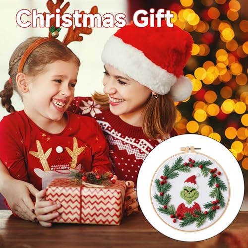 BBLYBD Christmas Embroidery Kit, 1 Set Cross Stitch Craft Kit for Beginners with Pre-Printed Embroidery Fabric, Hoop, Step-by-Step Instruction, Color Threads & Needles (Christmas-1 Set) - color: Christmas-1 Set