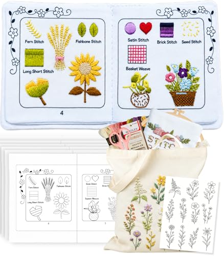 Beginner Embroidery Stitch Book Kit with Portable Canvas Bag for Adults