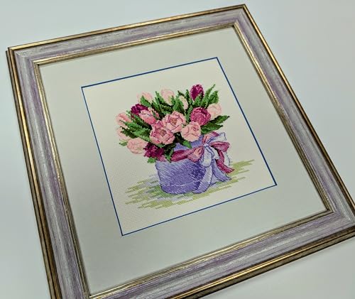 RIOLIS - Tulips Hat Box 2003, Floral Cross Stitch Kits 7¾"x7¾, Cross Stitch Kits for Beginners & Advanced, Crossstitching Kits Adult, Counted Stitching Kits, Flowers Embroidery Kit - style: Tulips Hat Box 2003