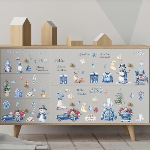Winter Christmas Rub on Transfers for Crafts - Wxiben 12 Sheets Snowman Snowflake Rub on Transfers for Furniture Blue Xmas Gnome Rub on Transfer Decal Stickers for Wood DIY Craft Office Home Decor - style: Winter Christmas