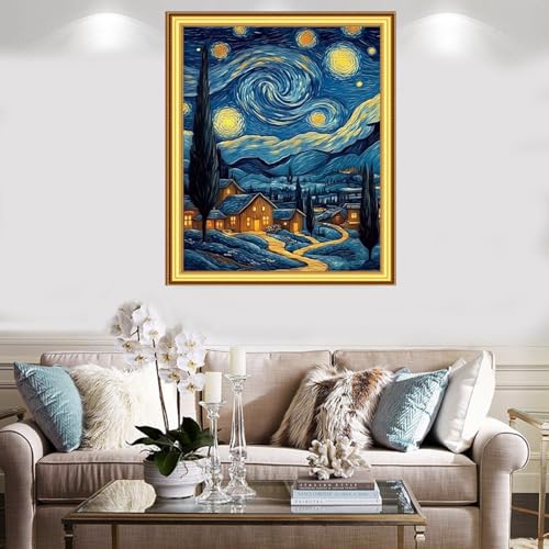 Foxnyart Stamped Cross Stitch Kits Full Range of Embroidery Needlework Starter Kits for Beginners Adults 11CT Embroidery Patterns Art Crafts DIY Needlepoint Kit-Van Gogh Starry Sky Home 16x20 inchs - color: DIYcolor02