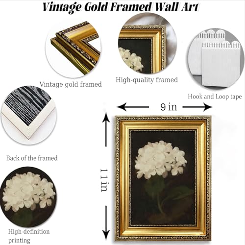 Gold Framed White Hydrangea Flower Wall Art,Vintage Floral Canvas Painting - color: Hydrangea Gold Framed, size: 11"L x 9"W