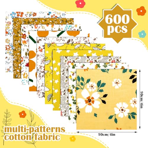 Kinlop 600 Pcs 4"x4" Cotton Fabric Squares Quilting Precut, Yellow - color: Classic Style