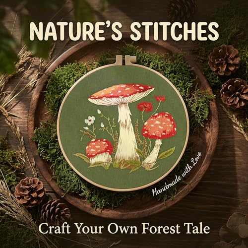Harimau Adult Beginner Embroidery Starter Kit, Complete Set with 4 Patterns, 2 Hoops, Needles, Scissors, Instruction Guide & Stitching Video Tutorials - color: Mushroom1 pattern