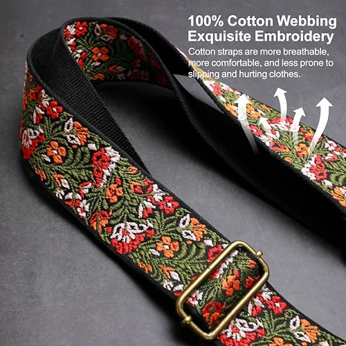 Nefelibata Banjo Strap,2"Wide Double Crazy Horse Leather Jacquard Embroidery Strap Adjustable Replacement,Multi-pattern Strap With Metal Clips - color: A#-green Embroidery