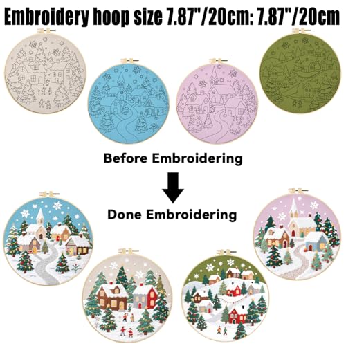 ORIGACH 4 Pcs Christmas Winter Town Embroidery Kit for Beginner - style: Christmas