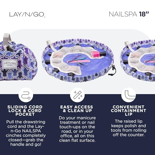 Lay-n-Go NailSpa Drawstring Cosmetic Bag - Portable Nail Supplies Organizer Bag w/ 8 Elastic Mesh Pockets & Circular Center -Durable, Machine Washable Nail Kit Organizer (18", Violet Floral [Purple]) - color: Violet Fem (Purple)