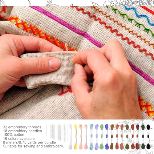 32 Skeins Sashiko Thread,18Pcs sashiko Needles, 100% Cotton,16 Colors, Each Bundle Measuring 8 Meters/8.75 Yards,Suitable for Sewing and Embroidery. - color: 16 Colors