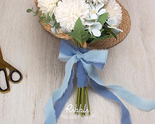 Ribbli Baby Blue Ribbon 1 Inch x 3 Rolls Total 24 Yards Light Blue Handmade Fringe Chiffon Silk Ribbon for Wrapping Wedding Invitations Bridal Bouquets DIY Crafts Home Decor - color: Baby Blue
