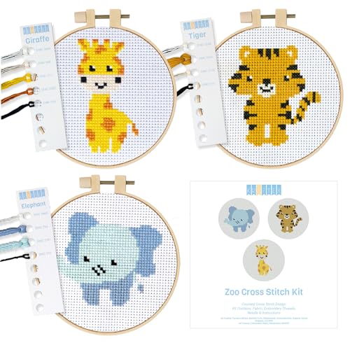 Kraftex Floral Stamped Cross Stitch Kits for Beginners - 3 Pack. DIY Embroidery Needlepoint Patterns for Adults. Easy Cross Stitch Kits for Beginners (Zoo Creatures) - style: Zoo Animals