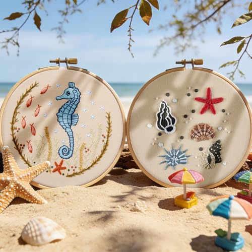 Beach Embroidery Kits for Beginners Adults, Coastal Hand Embroidery Set Needlepoint Kits, Stamped Cross Stitch Kits for Beginners Adults, 2 Embroidery Hoops, Fabric, Thread (Attached Video Tutorial) - color: Beach-2, size: 8inch