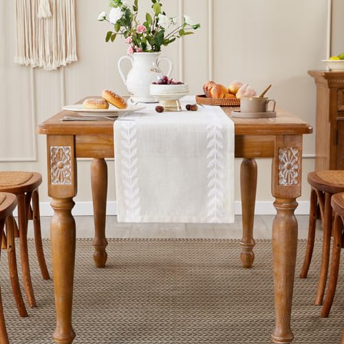 Linen Embroidered Table Runner, White Table Runners 36 Inches Long - color: White, size: 13×36 Inch