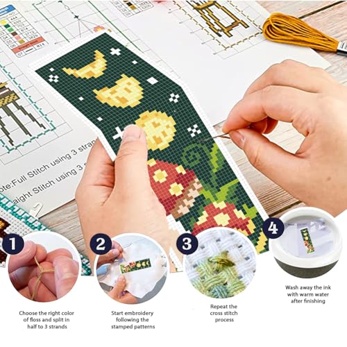FREEBLOSS 6 Set Cross Stitch Bookmark Kit Stamped Cross Stitch Kit Mushroom Bush Embroidery Set with Instruction for Adults 8''*2.4'' - style: Mashroon Moon