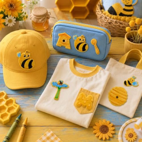 Cinrobiye 38 Pcs Bee Patches Self Adhesive Honey Bee Honeycomb Sunflower A to Z Alphabet Applique Preppy Cute Bee Themed Chenille Letter Patches Stick on for Clothing Hats Bags Fabric DIY Crafts - style: Bee