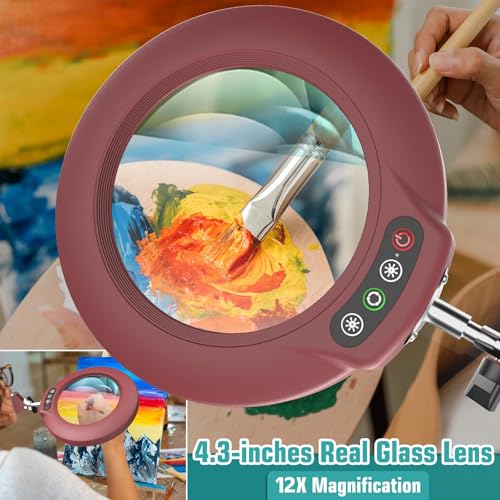 12X Magnifying Glass with Light and Stand, Real Glass Lens (Not Acrylic), 5 Color Modes, Stepless Dimmable, LED 3-in-1 Floor Lamp, Swing Arm with Clamp, Lighted Magnifier Hands Free for Crafts - Red - color: Red