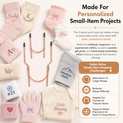 2-Piece Sock Hoop for Embroidery Machines,Adult and Child Metal Hooping Aid Set for Stabilizing Socks,Sleeves,Cuffs,Gloves,Wristbands,and Small Garment Personalization