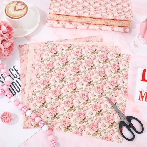 Whaline 12 Pcs Spring Fabric Squares Cotton Fabric Bundles Small Pink Retro Rose Floral Sewing Fabrics for DIY Sewing Craft Decor, 10 x 10 Inch - color: Pink, size: 10 x 10 inches