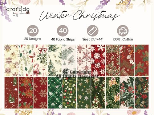 Craftido-20 Options-100% Cotton Jelly Roll Fabric Precut Strips for Quilting, Crafting, and Sewing, 40 Strips 2.5" x 44" Assorted Bundles for Rugs, Quilts, DIY Crafts and Home Decor-Winter Christmas - color: Winter Christmas