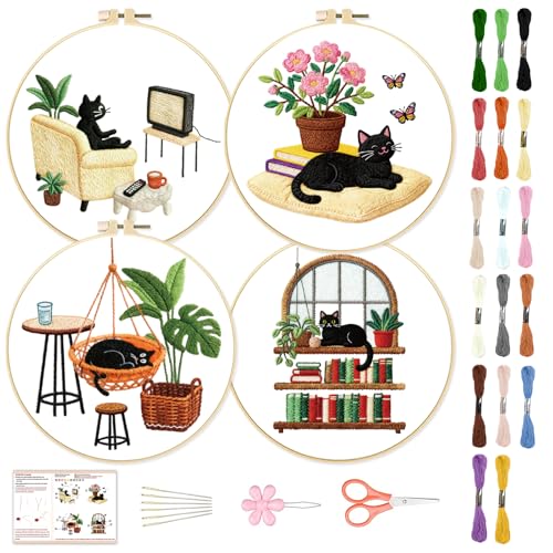 BEUNITONE 4 Set Embroidery Kit for Beginners, Daily Life of Cats Patterns Cross Stitch Kits, Needlepoint Kits for Adults with Hoop, Cute Hand Embroidery Patterns for Cloth and Home Decor - style: A-Cat-03