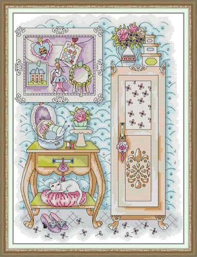 Meecaa Cross Stitch Kits 14 Count Stamped, Flower Cat Room Girl Embroidery Kit with Accessories Pre Printed (29×36cm)(Flower) - color: Flower