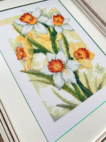 RIOLIS - Spring Glow. Daffodils 2189, Cross Stitch Kits 8¼"x11¾, Cross Stitch Kits for Adults, Counted Cross Stitch Kits, Embroidery Kit for Beginners & Advanced, Floral Crossstitching Kits - style: Spring Glow. Daffodils 2189