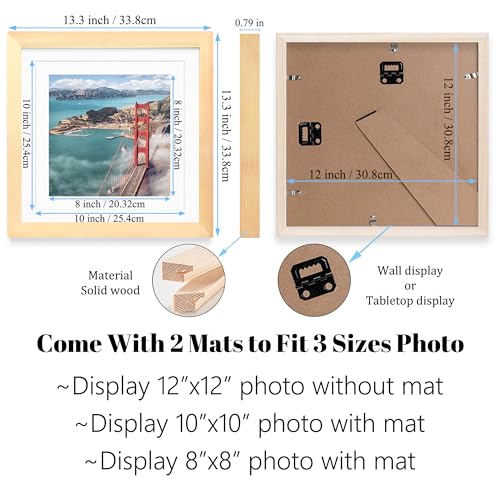 12x12 Wood Picture Frames for Wall Hanging or Tabletop,Diamond Painting Frame Baby Scan Picture Frames with 2 Mats Display 8x8 or 10x10 for Family Walls - color: Natural, size: 12x12 inch