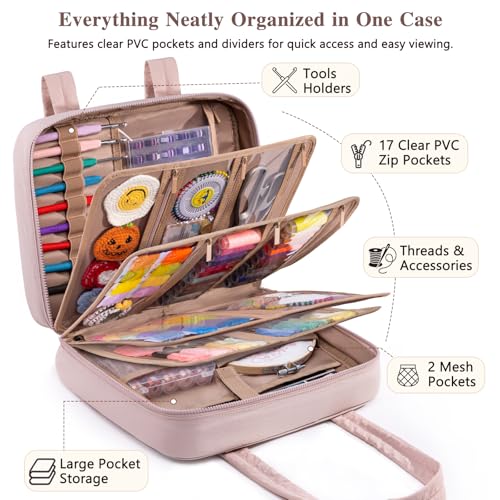 AMOIGEE Sewing Bag Organizer with 17 Clear Pockets and Tool Holders - color: Blush Pink