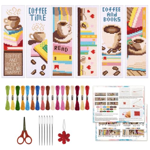 ORIGACH 6 Set Coffee & Book Cross Stitch Bookmark Kit for Beginner - style: Coffee and Books Cross Stitch Bookmark Kit