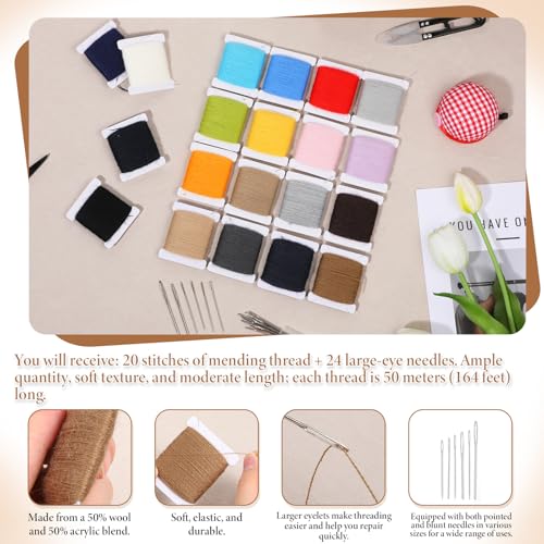 20 Pcs Darning Yarn, 50% Wool 50% Acrylic Darning Thread, 1000m Wool Blend Embroidery Thread with 24 Pcs Sewing Needles for Embroidery, DIY Sewing Care, Machine Sewings, 50 Meters Per Yarn (20 Colors)
