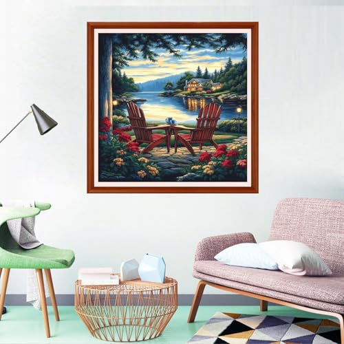 Redxing Counted Cross Stitch Kit for Beginners,Unprinted Needlepoint Kits for Beginners Cross Stitching Embroidery Kit 11CT Stitches kit-Lakeside Scenery 18x18 inch - color: Setpattern01