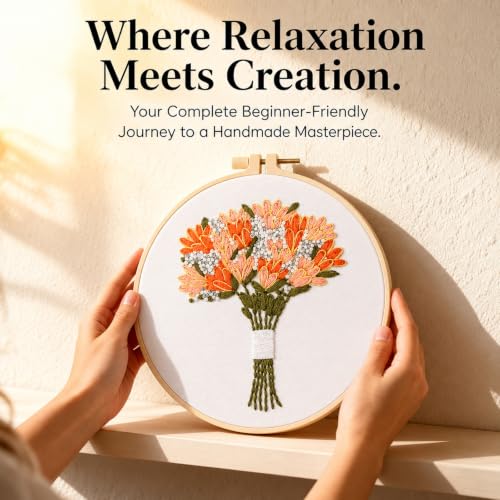 Flower Bouquet Embroidery Kit Beginners, DIY Hand Embroidery Set with Hoop
